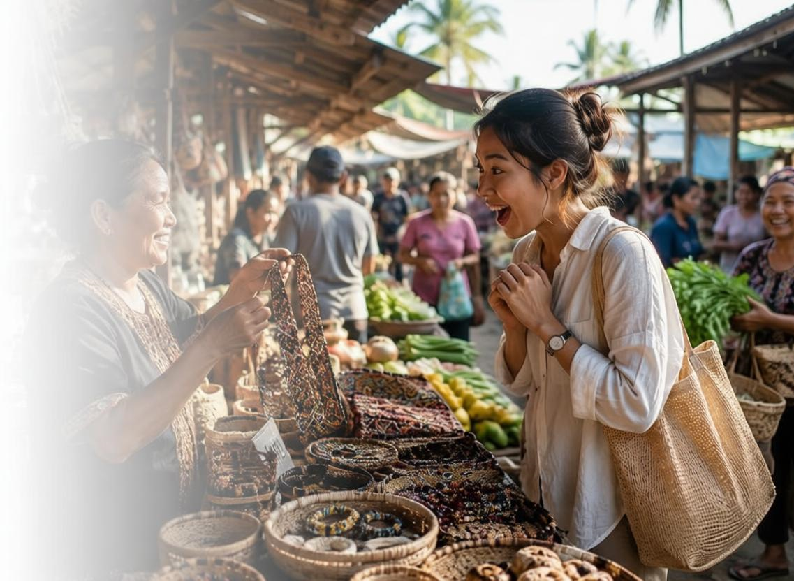 A local vendor sharing handmade crafts with a visitor at a Sabah market
